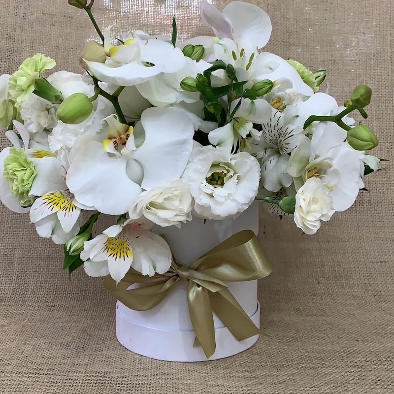 Arranjo de orquídeas brancas com laço dourado
